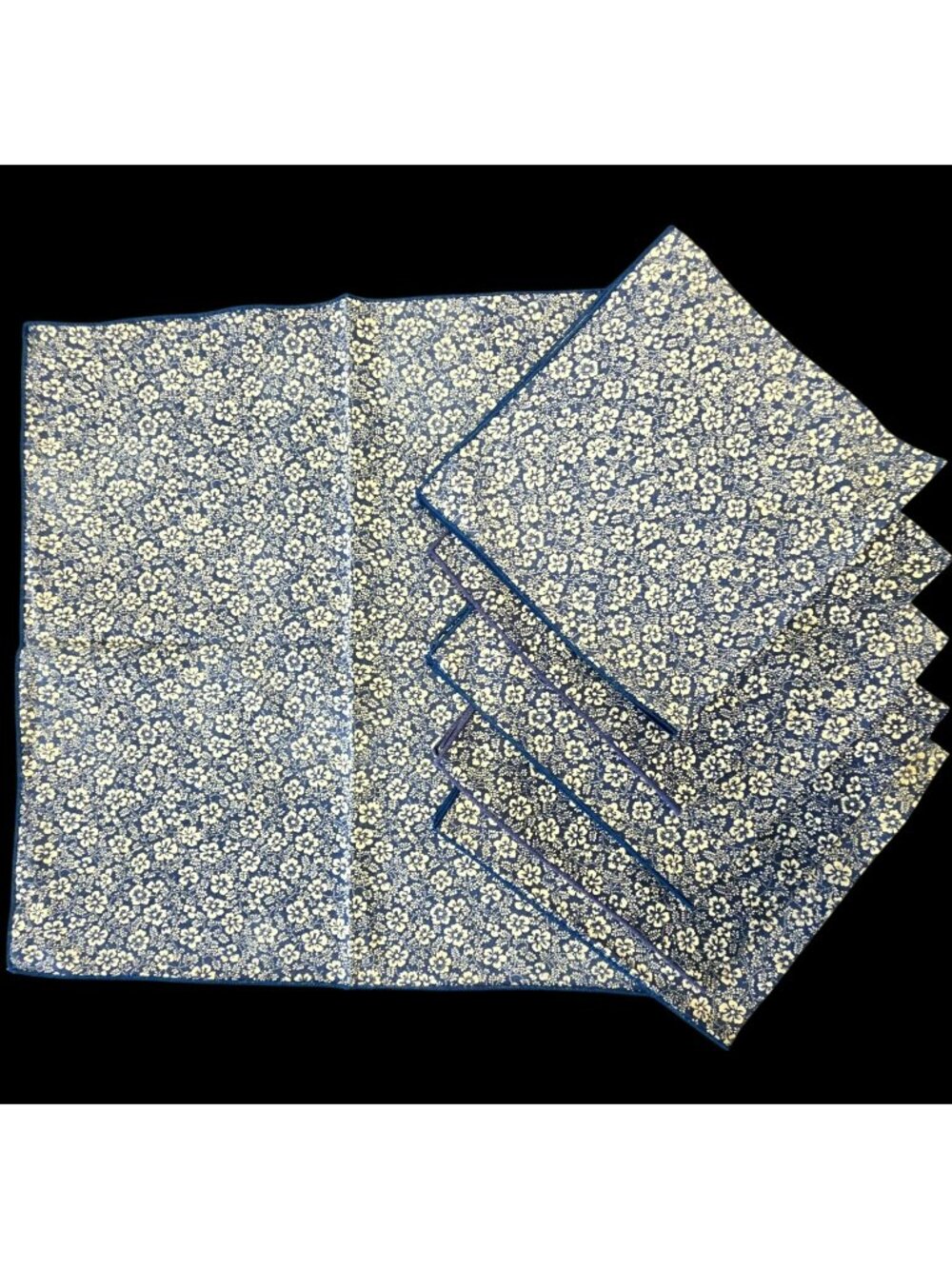 Floral Blue White Cotton Napkins Set (6) 17" Square Reusable Cloth Dinner Linens